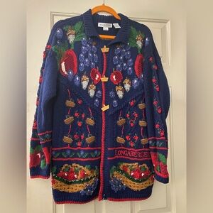 Longaberger Blue Cardigan Sweater Heirloom size L Hand knit